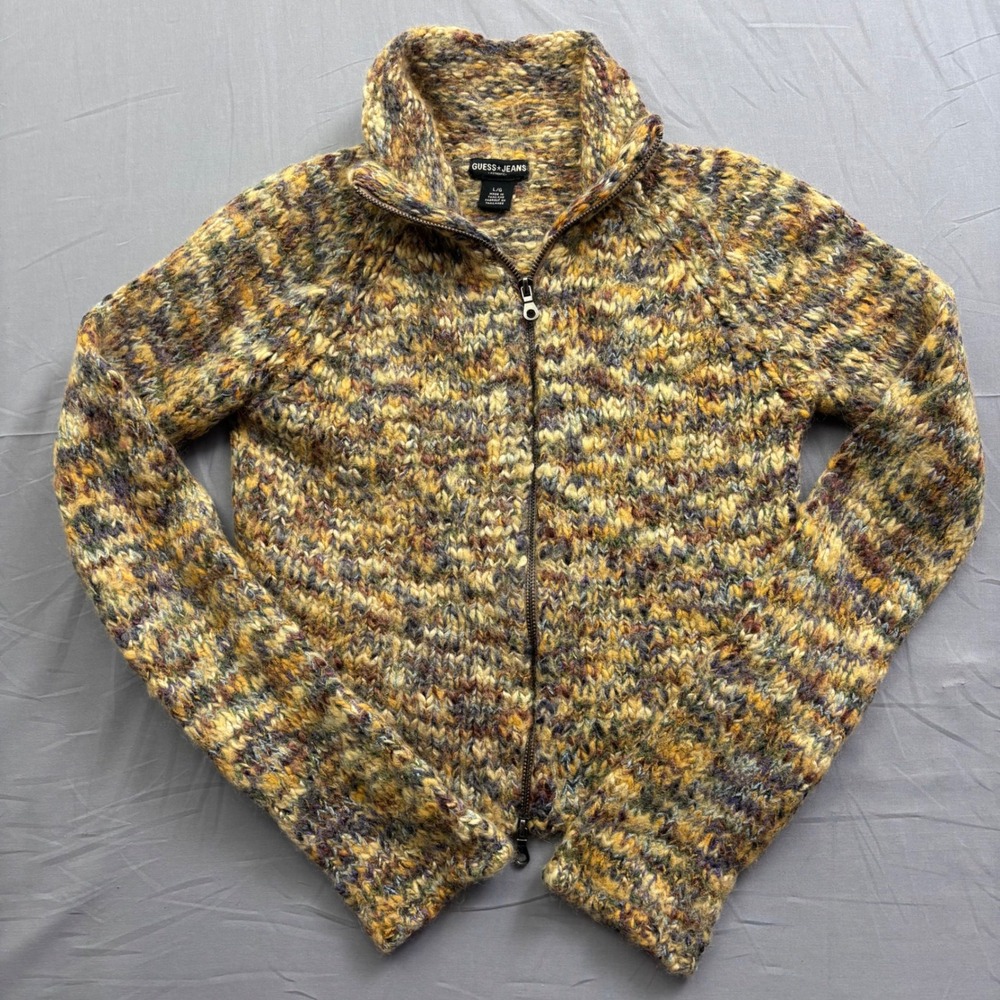 Vtg Guess Jeans Authentic Chunky Knit Full Zip Sweater Space Dye Cardigan Size L